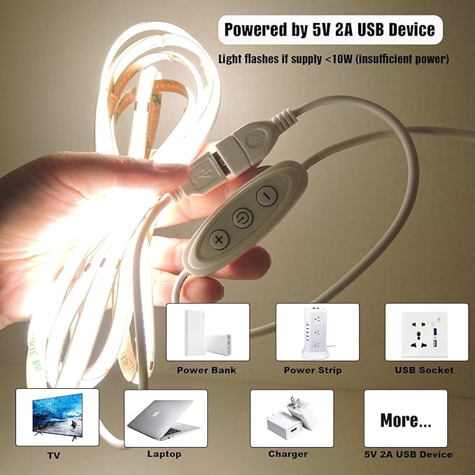COB LED Strip Lights Natural White 4000K CRI92+ Flexible&Cuttable DC 5V 6 ft Led Light Strip Short with Dimmer Switch for Desk Cabinet Home Office DIY Lighting Decoration