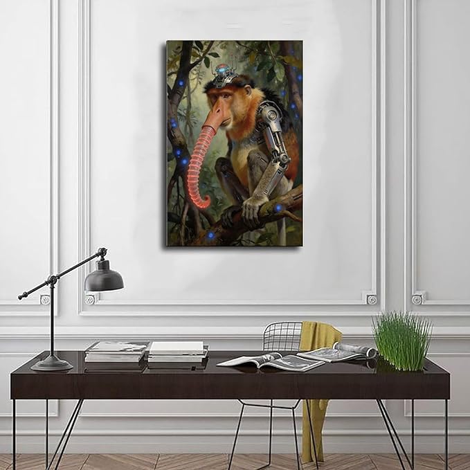 Framed Steampunk Mechanical Proboscis Monkey Wall Art - Jungle Neon Retro Poster for Apartment Leisure Area Decor 08x12inch(20x30cm)