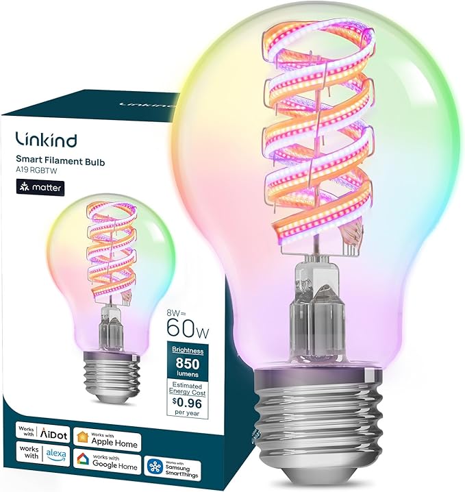 Linkind Matter Smart Light Bulbs, A19 Edison Filament Vintage Color Changing Light Bulbs, Warm&Daylight White(1800K-6500K), Compatible with Alexa, E26 LED 60W 850LM, 2.4GHZ WiFi Only, 1Pack