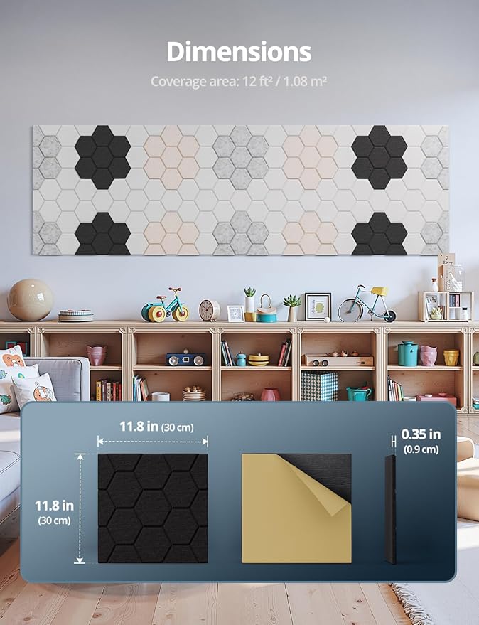 Acoustic Wall Panels Sound Absorbing, Honeycomb Self Adhesive Wall Tiles Panel, 12 Pack Decorative Hexagon Design for Studio, Home Office, Gaming Room, Acoustic Treatment, 12"x12"x0.4", Black