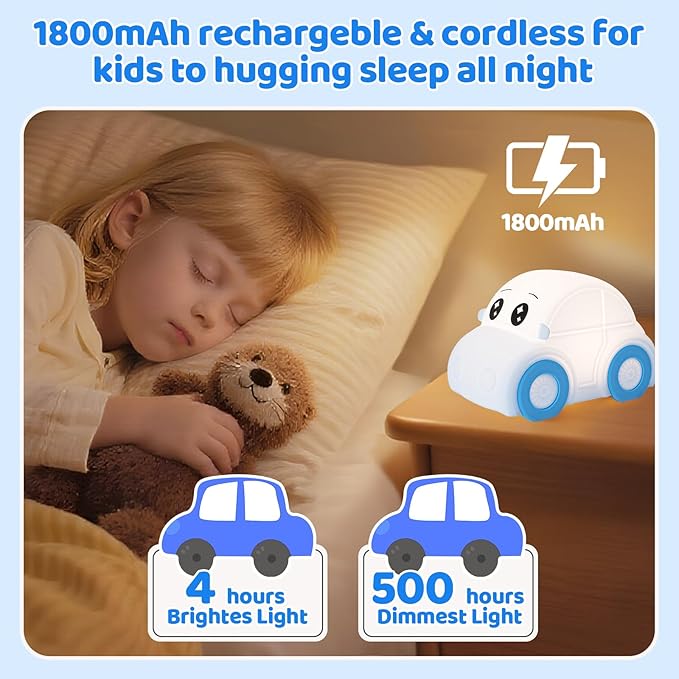 Cute Baby Toddler Car Kids Night Light for Kids, Dimmable+1800mAh Rechargeable+Timer+Portable+Silicone+Squishy, Touch Breastfeeding Bedside Night Lamp, Funny Girls Boy Gifts