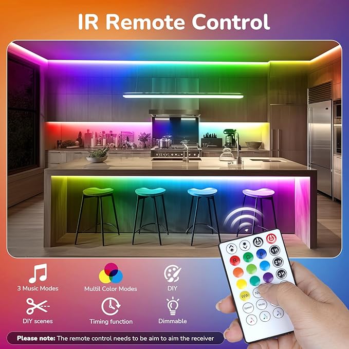 50Ft RGBWW+IC LED Strip Lights,Dimmable Multi-Colored+3000K-6500K LED Lights with Remote,Self-Adhesive Color Changing RGB Tape Lights,24V Cuttable DIY Light Strip for Home Bedroom Stair-50Ft
