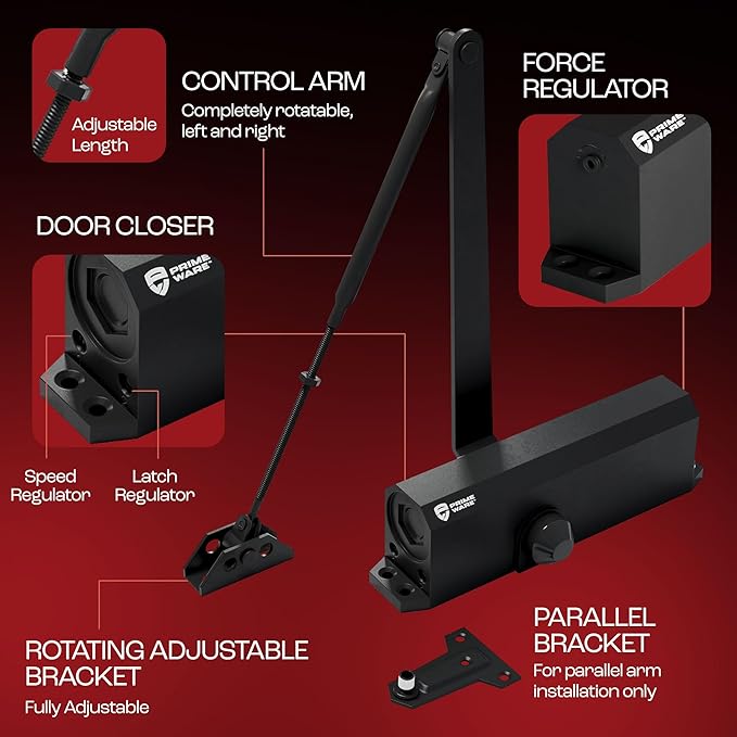 PrimeWare DC-600 Automatic Adjustable Door Closers for Home | Soft Close, No Slam | Residential and Commercial Door Closer | Level 1-6 | for Doors Weighing 30-300 lbs | Hydraulic Door Spring - Black