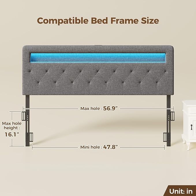 GREENSTELL Headboard for Full Size Bed with 60,000 DIY Color of LED Light, USB & Type C Post, Upholstered, Height Adjustable, Sturdy, Easy Assembly, Wall Mounted Head Boards Only, Gray