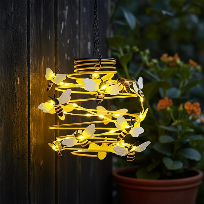 2 Pack Bee Solar Lights Outdoor Garden Decor,Bee Decorations Hanging Solar Lantern,Hanging Garden Decor for Outside Patio Yard Porch Pathway,Outdoor Gifts for Women