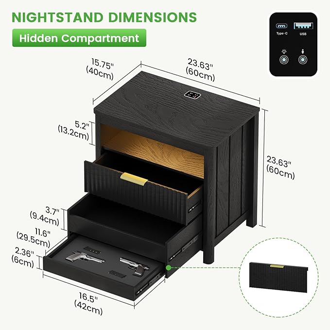 HNEBC Nightstand with Gun Drawer for Bedroom,Black Night Stand with Hidden Compartment, Auto LED Lighted, Charger Station, 2 Drawer, 23.6" Wider Bedside Table for Dorm,Sofa,Office