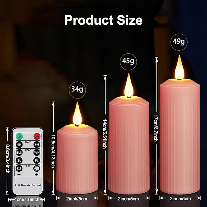 AVEKI Flickering Flameless Candles, Rechargeable Fake Candles with Remote Control and Timer, Waterproof Pillar Candle for Lantern Holiday Wedding Party Home Decor (Pink-2PCS)
