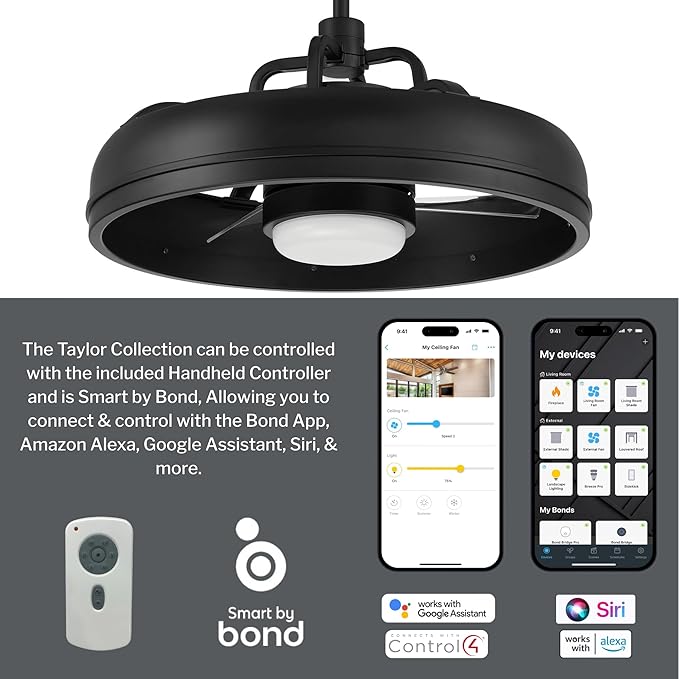 Craftmade Taylor 20" Dual Mount Indoor/Outdoor Flat Black Finish Ceiling Fan, LED Light Kit, Remote Control Included, Smart WiFi Enabled with Voice Activation