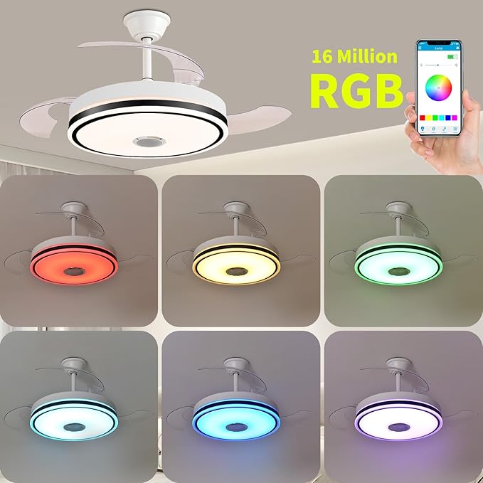 42'' Retractable Hanging Fan with Lights, Smart Fan Light with Bluetooth Speaker, App Control for Dimming & RGB Color Change Reversible Bedroom Living