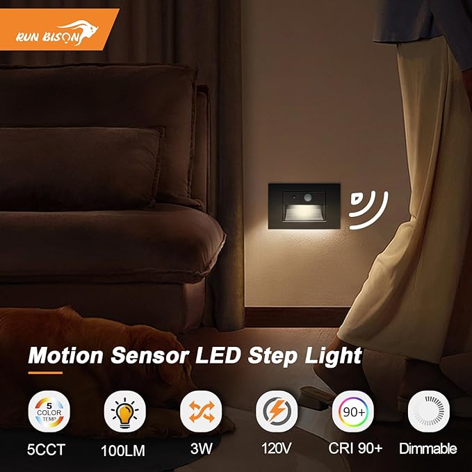 Horizontal LED Step Lights, Motion Sensor & Dusk to Dawn, IP65 Waterproof, 3000K-5000K Adjustable, 3W 120V Bronze Stair Lights Tread Lighting Indoor Outdoor, ETL Listed - 4PK