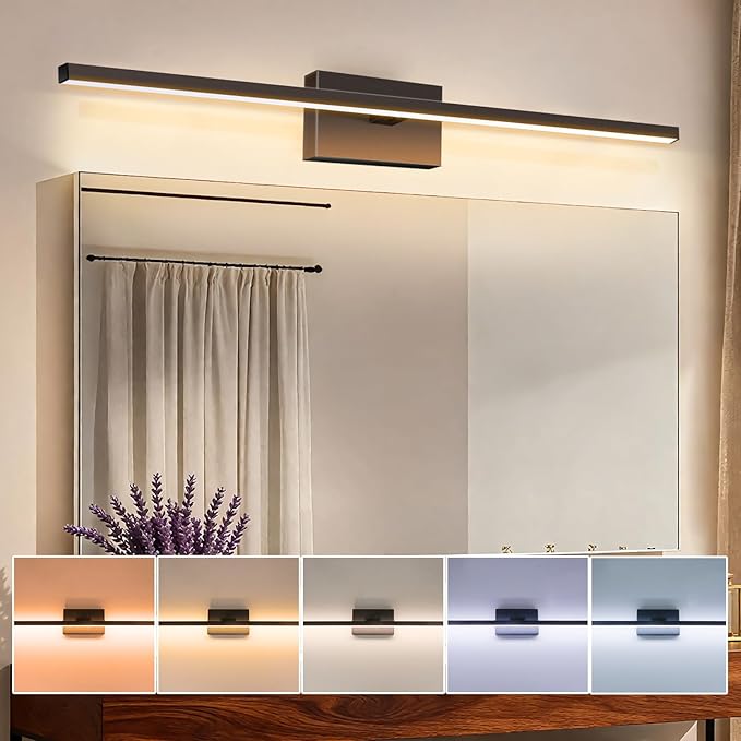Aosclex 32 Inch Wall-Mounted Bathroom Lighting Fixtures, 180° Rotatable, 24W 2160LM, 5CCT Adjustable (2700K–6000K), Dimmable LED Light Fixture, Black Modern Bathroom Vanity Light, ETL Certificated