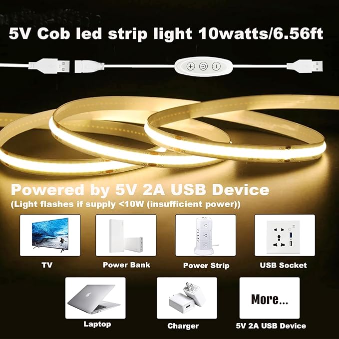 USB Light Strip Warm White 3000k CRI92+ 5v Small Cuttable COB Led Strip Light with Dimmer Switch, 10Watt/6 ft for TV Backlight,Cabinet,Bedroom,Indoor DIY Lighting Project