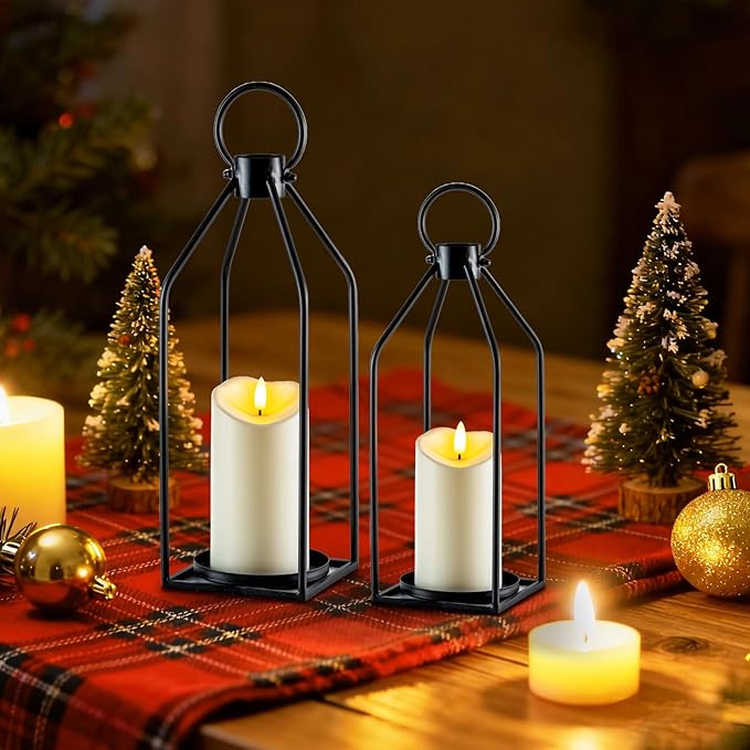 Homemory Modern Farmhouse Lantern Decor with Waterproof Flameless Candle & Remote Timer, 2PCS Black Metal Candle Lantern Decorative for Outdoor Indoor Home Living Room Patio Porch Table
