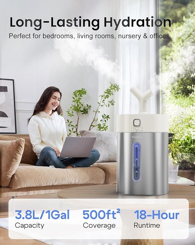 Feekaa Stainless Steel Humidifier, 3.8L/1Gal Cool Mist Humidifiers for Bedroom up to 500 sq ft, Easy Clean Dishwasher Safe Humidifiers for Baby, Humidifier Large Room Nursery Living Room Office, White