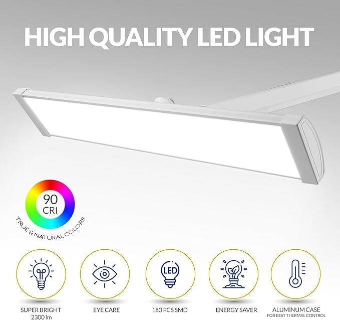 LED Desk Lamp with Clamp, 2300 Lumens, 30W, 24" Wide Shade, 5-Level Dimmable Touch Control Task Lamp, High CRI Flicker-Free Eye Care for Reading Office Crafting Nail Art Workbench (Daylight White)