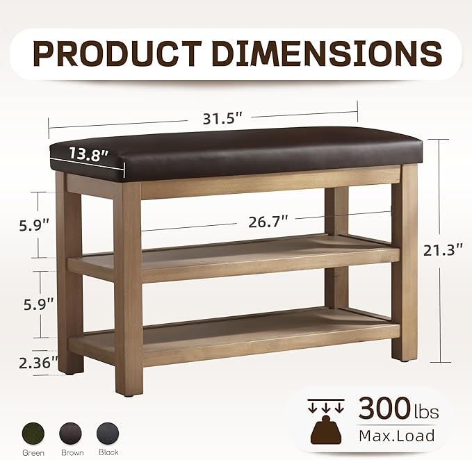 Shoe Rack Bench with Leather Cushion, 2 Tier Solid Wood Storage Bench, Mid-Century Modern Shoe Bench for Entryway, Hallway, Closet, Front Door Entrance, Foyer (Dark Brown, 31.5)