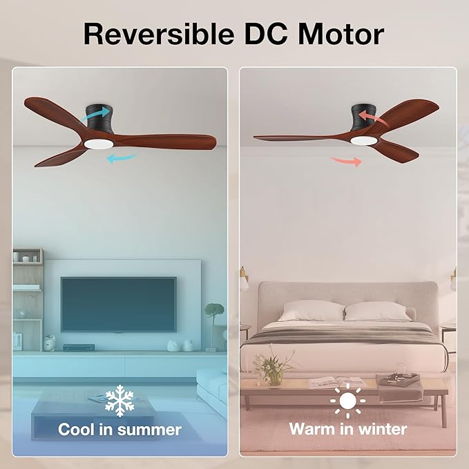 52” Smart Wood Flush Mount Ceiling Fans with Lights Remote,Quiet DC Motor,Outdoor Indoor Low Profile Ceiling Fan,Voice WIFI Alexa App Control,Dimmable,6-speed,for Modern Bedroom Patio