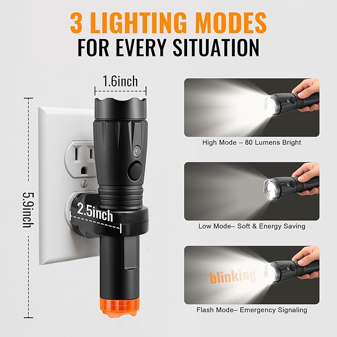 4 in 1 Plug in Emergency Flashlight Rechargeable LED Night Light with Motion Sensor for Power Outage Home Safety Portable Work Light Removable Torch for Camping and Indoor Use(2 Pack)