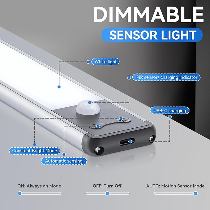 10inch Under Cabinet Lighting,6PACK,40 LED 2000 mAh,Rechargeable Motion Sensor Light Indoor,Dimmable Magnetic Closet Lights,Wireless Under Counter Lights for Kitchen, Stairs,Home