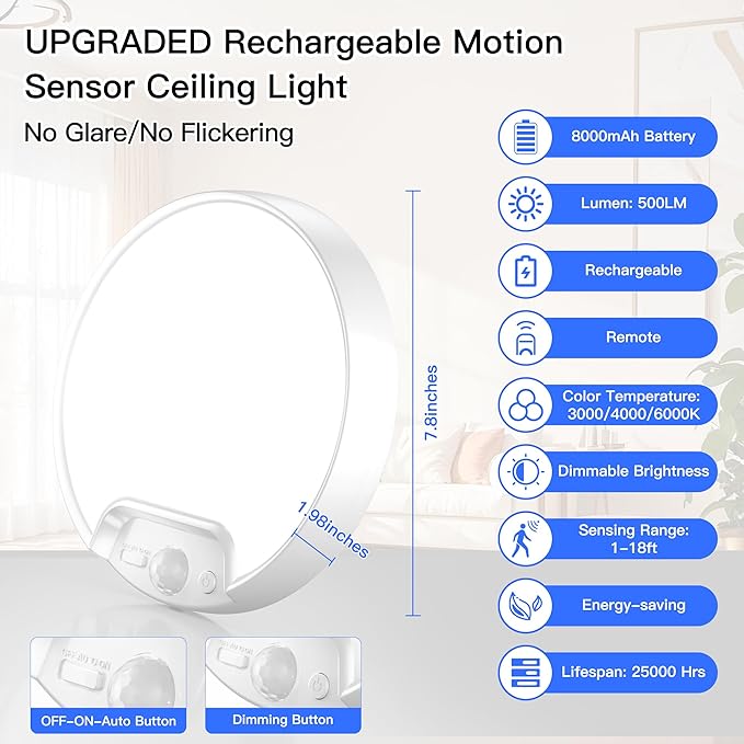 Homelist Rechargeable Motion Sensor Ceiling Light with Remote - Wireless Battery-Operated Ceiling Light for Pantry, Basement Storage, Closet, Bathroom, Laundry Room, Hallway, Stairs (3CCT)