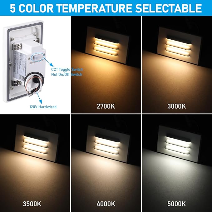 LEONLITE 5CCT 120V LED Step Lights, 3.5W Dimmable Horizontal Louvered Stair Lights Indoor Outdoor, Wet Location, CRI90, ETL, 2700K/3000K/3500K/4000K/5000K, Aluminum, White, Pack of 6