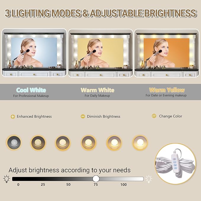 Vanity Desk with 38" Large Mirror and 11 LED Lights, Adults Makeup Vanity with 5 Drawers and 2 Cabinets & Power Outlet and 3 Lighting Modes, Farmhouse Wooden Dressing Table for Bedroom, Antique White