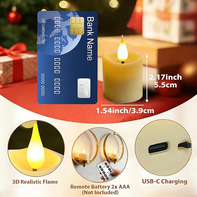 6Pcs Rechargeable Tea Lights: 1.5"x2.2" Flameless LED Votive Candles with Remote & Timer, USB Battery Operated Flickering Fake Tealights for Home Wedding Centerpiece Table Decor, Anniversary Christmas