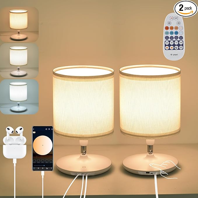 Table Lamps Set of 2 for Living Room Bedroom, Bedside Table Lamp with USB C and A Ports, Bedside Lamps for Nightstand with Linen Lamp Shades, Desk Lamp for Office