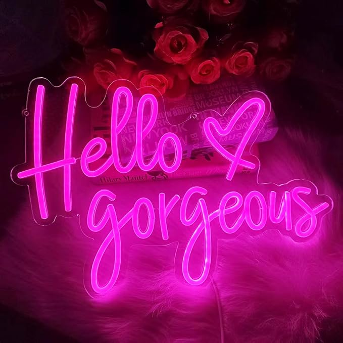 Neon Hello gorgeous Signs LED Decorative Pink Neon Lights for Girls Bedroom Dorm Decor,Home Party Wall Decor,Birthday Gifts,USB Powered,Equipped with Dimmable Switch(Pink Hello,17x10in)