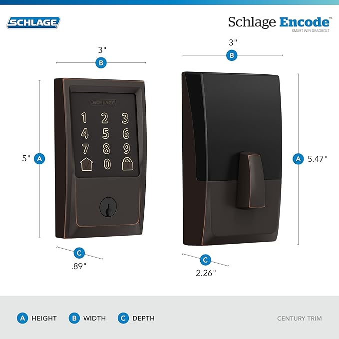 Schlage Encode Smart Wi-Fi Deadbolt Lock with Touchscreen Keypad, Keyless Front Door Entry, App Control, Alexa, Google Home and Airbnb Compatible, Aged Bronze, BE489WB CEN 716