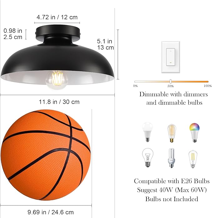 2 Pack Industrial Ceiling Light, Black Flush Mount Ceiling Light 12 Inch Kitchen Light Fixtures for Hallway Bedroom Entryway Porch Foyer Bathroom Laundry Room
