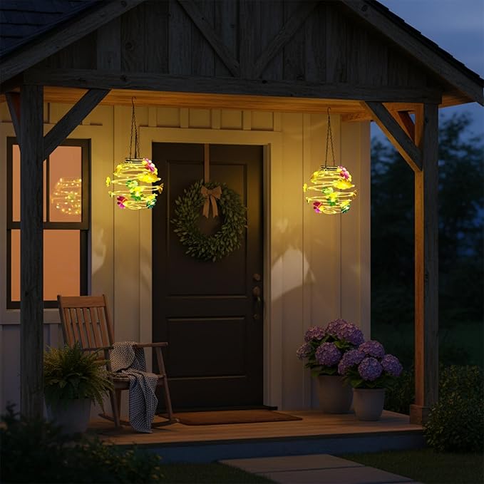 2 Pack Solar Lanterns Outdoor Waterproof , 30LEDs Hanging Solar Lights with Flower for Garden Patio Yard Decor, Gift for Grandma Gardeners Women