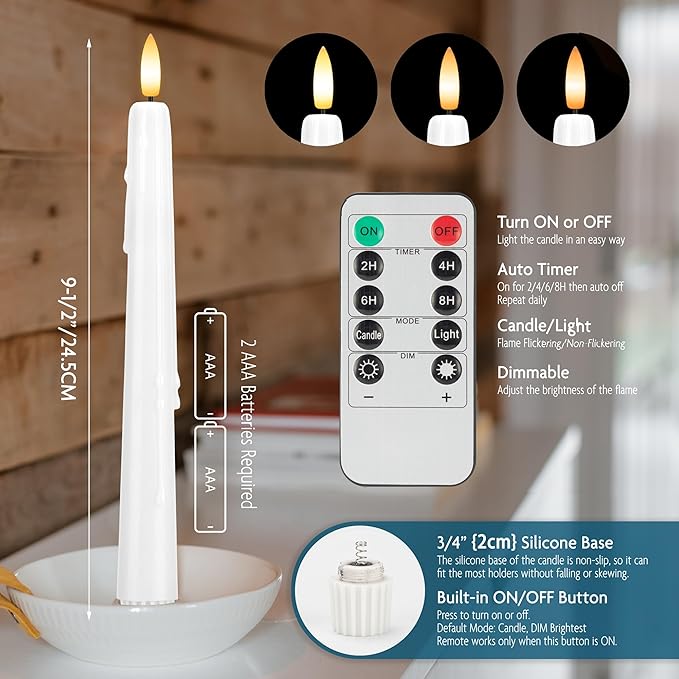 Dripless Flameless Taper Candles with Remote, Real Wax Battery Operated LED Candles Set with 3D Flickering Flame, 3Pcs White 9.6" Realistic Candlesticks as Mothers Day Gifts, Gifts for Mom