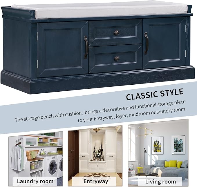 Entryway Storage Bench with Drawers & Cabinets — Cushioned Shoe Storage Bench for Hallway, Mudroom, or Living Room, Solid Wood Frame (Antique Navy)