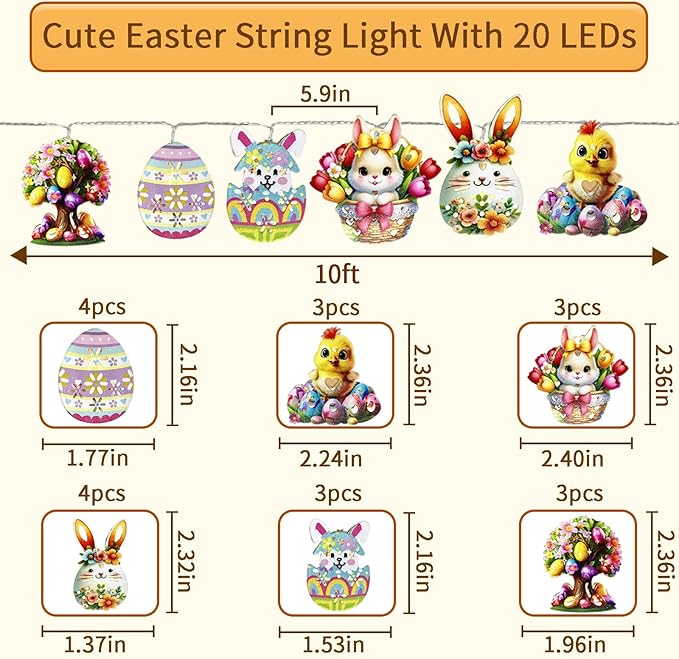 Easter String Lights,10Ft 20 LED Easter Lights Bunny Egg Chick Fairy Lights with Dual Power (Battery/USB) 2 Lighting Modes 6 Cute Patterns for Indoor Outdoor Easter Decorations Spring Home Party Patio