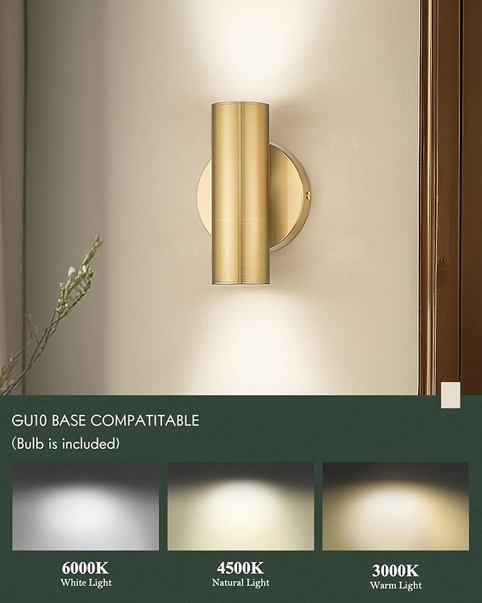 Wall Sconces Set of Two, 2-Light Brass Wall Sconce, Indoor Up and Down Wall Lamp, Wall Light for Bedroom Bathroom Stair Hallway, WL4830-2W-BB-2pk