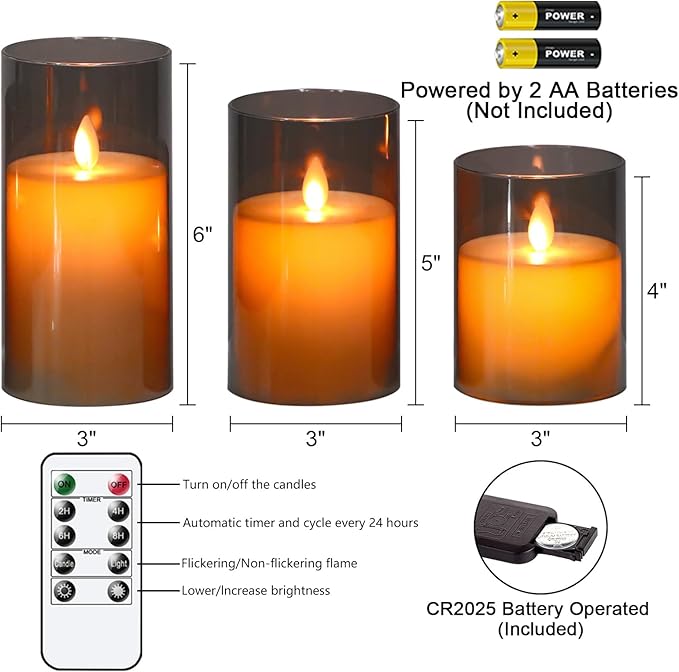 DRomance Black Glass Flameless Candles with Remote Timer Moving Wick Battery Operated LED Flickering Pillar Candles Plastic Dinner Wedding Christmas Holiday Decor D3 x H4, 5", 6"