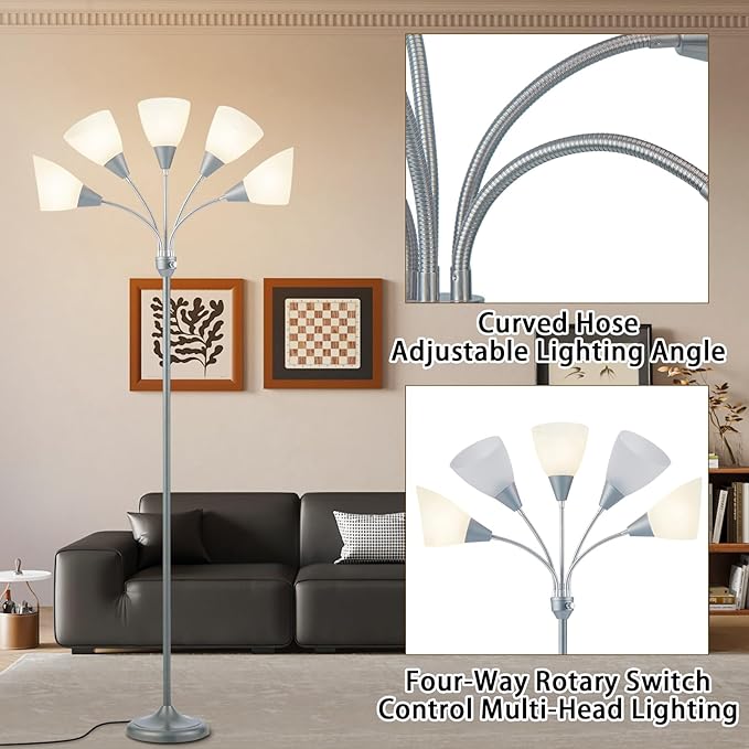 HonoDing Medusa Floor Lamps Standing Lamps 5 Heads Adjustable Reading Light Large Shade Use E26 A19 Bulb Floor Lamps for Living Room Bedroom (Silver)