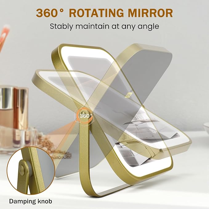 Rechargeable Vanity Mirror with Lights, 10"×8" Makeup Mirror with Lights, 1500mAH Battery, Smart Touch with 3-Color Lighting, Dimmable, HD Desk Mirror, Women Gift, Travel Essentials (Gold)