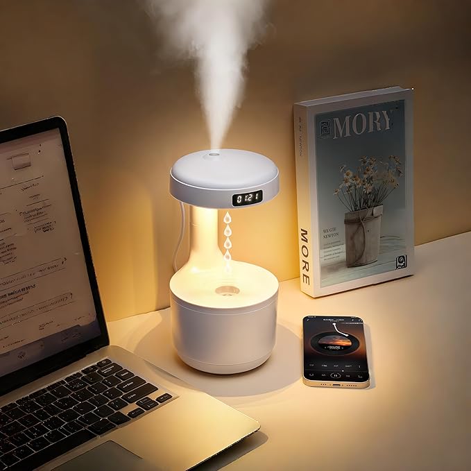 Humidifiers for Bedroom, 800ml Cool Mist Air Humidifie, Anti-Gravity Digital Humidifier with LED Display, Quiet Knob Control for Bedroom, Plants, Nursery, Office - White