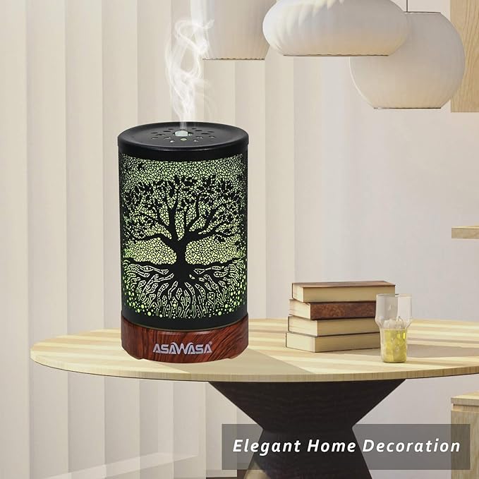 ASAWASA Diffusers for Essential Oils, Essential Oil Diffuser with Waterless Auto Shut-Off, Metal Art Aromatherapy Humidifier with Multicolor Changed Night Light,Ideal for Home Gifts Spa Yoga (Banyan)