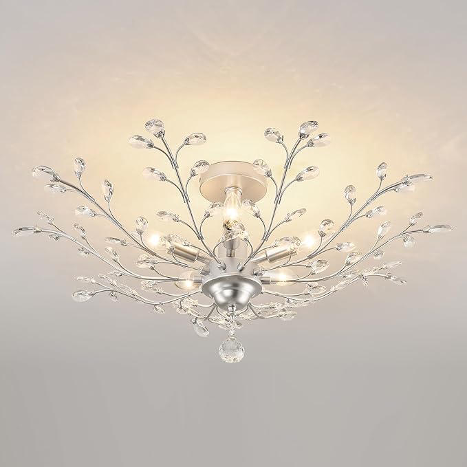 CVKASH 5-Light Vintage Small Crystal Chandelier Modern Silver Branche Ceiling Light Fixture Farmhouse for Kitchen Dining Room Living Room Bedroom Hallway Foyer