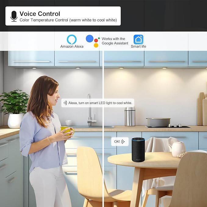 6pack LED Puck Light Kit, 2700-6000K Smart Round Under Cabinet Lighting with APP Control, Compatible with Alexa, Google Assistant, for Under Counter, Kitchen (Gold)