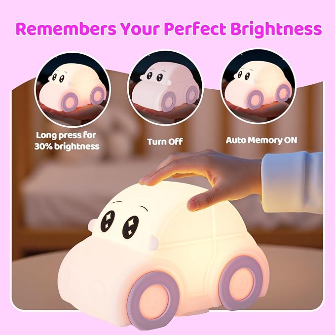 Cute Baby Toddler Car Kids Night Light for Kids, Dimmable+1800mAh Rechargeable+Timer+Portable+Silicone+Squishy, Touch Breastfeeding Bedside Night Lamp, Funny Girls Boy Gifts