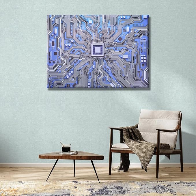 Circuit Board Canvas Paintings Wall Art 1 Piece CPU Circuit Board Posters and Prints Bedroom Decor Wall Art Computer Processors CPU Framed Gallery-Wrapped Ready to Hang 20X28 INCH