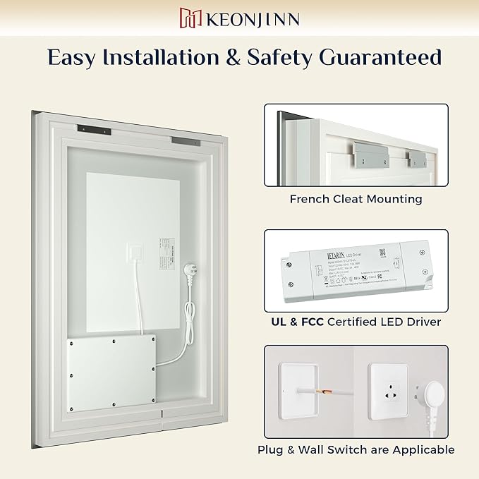Keonjinn 30 x 36 Inch LED Bathroom Mirror with Lights, Vanity Mirror with Frontlit & Backlit, Dimmable 3-Color Temperature, Lighted Mirror with Anti-Fog, Tempered Glass(Horizontal/Vertical)