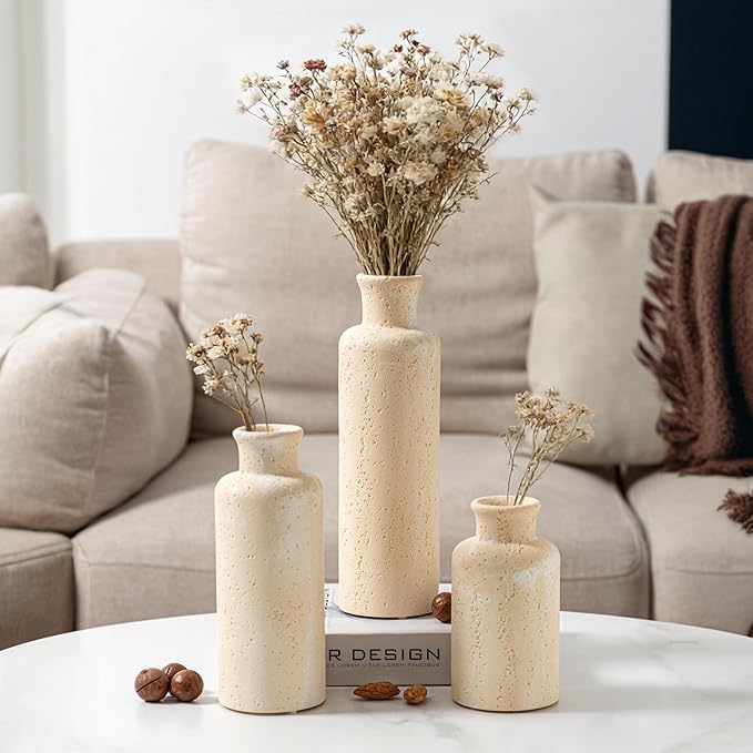 Flower Vase Set, Stone Look, 3 PCS Small Decorative Bud Vases for Pampas Grass, Farmhouse Decor, Kitchen, Living Room, Bathroom, Bedroom, Office, Shelf Centerpiece Table Decoration (Yellow)