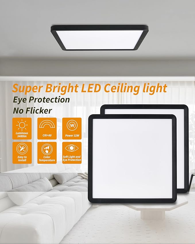 Square Led Flush Mount Ceiling Light,16 Inch 40w 3820lm led Light 3000k,4000k,6000k CCT Selectable,Flat Panel Super Slim Led Ceiling Light Fixture,for Living Dining Kitchen Bedroom Room (2Pack-Black)