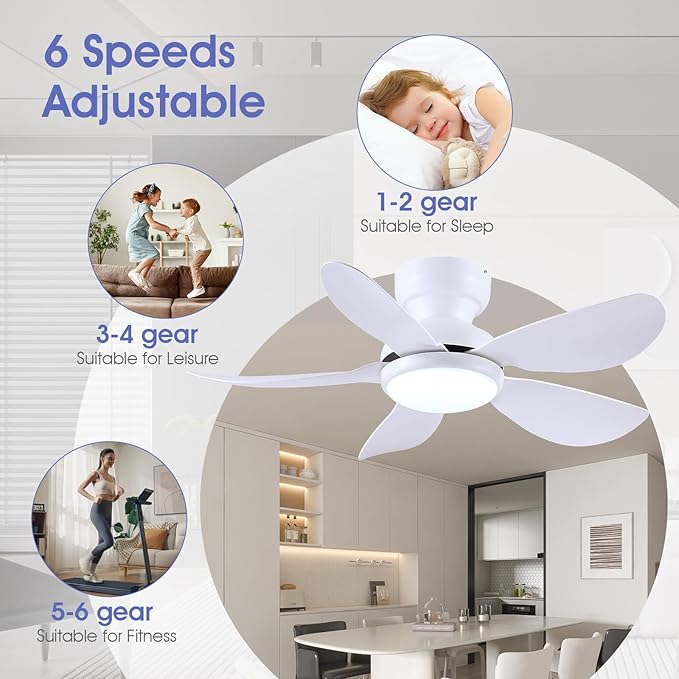 36 Inch Modern Ceiling Fans with Lights, Small Flush Mount Ceiling Fans, Remote/APP Control, 5 Reversible Curved Blades, 6 Speeds, 3 CCT Dimmable Lights for Kitchen Bedroom, White