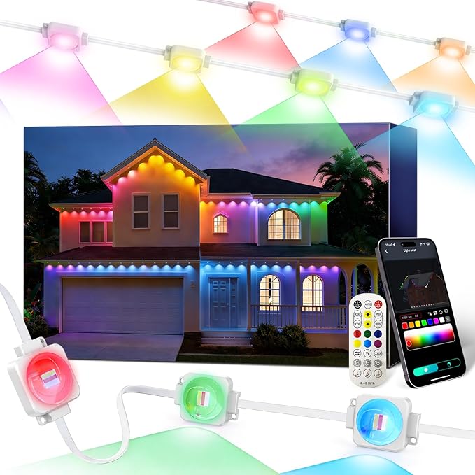 Permanent Outdoor Lights 150FT, Smart RGB+IC Eave Lights with Remote APP Control, DIY LED Color Individual, White & Colorful Christmas String Light, IP67 Waterproof for House Outside Decor